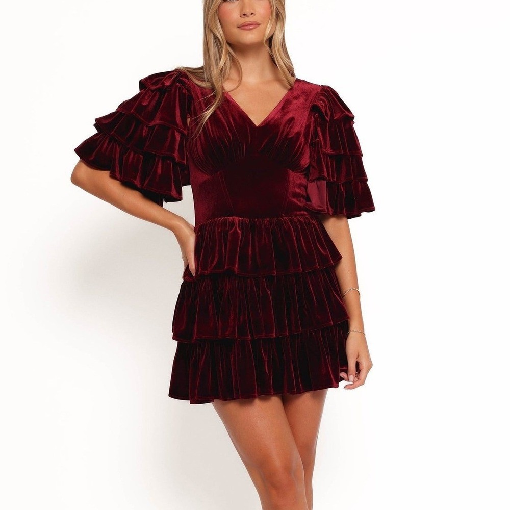Petal + Pup Burgundy Velvet Tiered Ruffle Mini Dress V-Neck Holiday